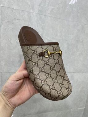 Gucci Beige and Brown Monogram Mules